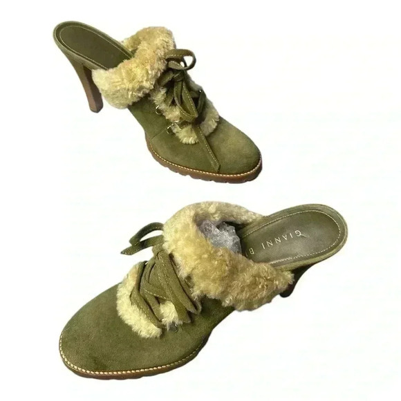 Gianni Bini Fur-Lined Mule Heels - Size 10M - Olive Green Suede - Picture 3 of 5
